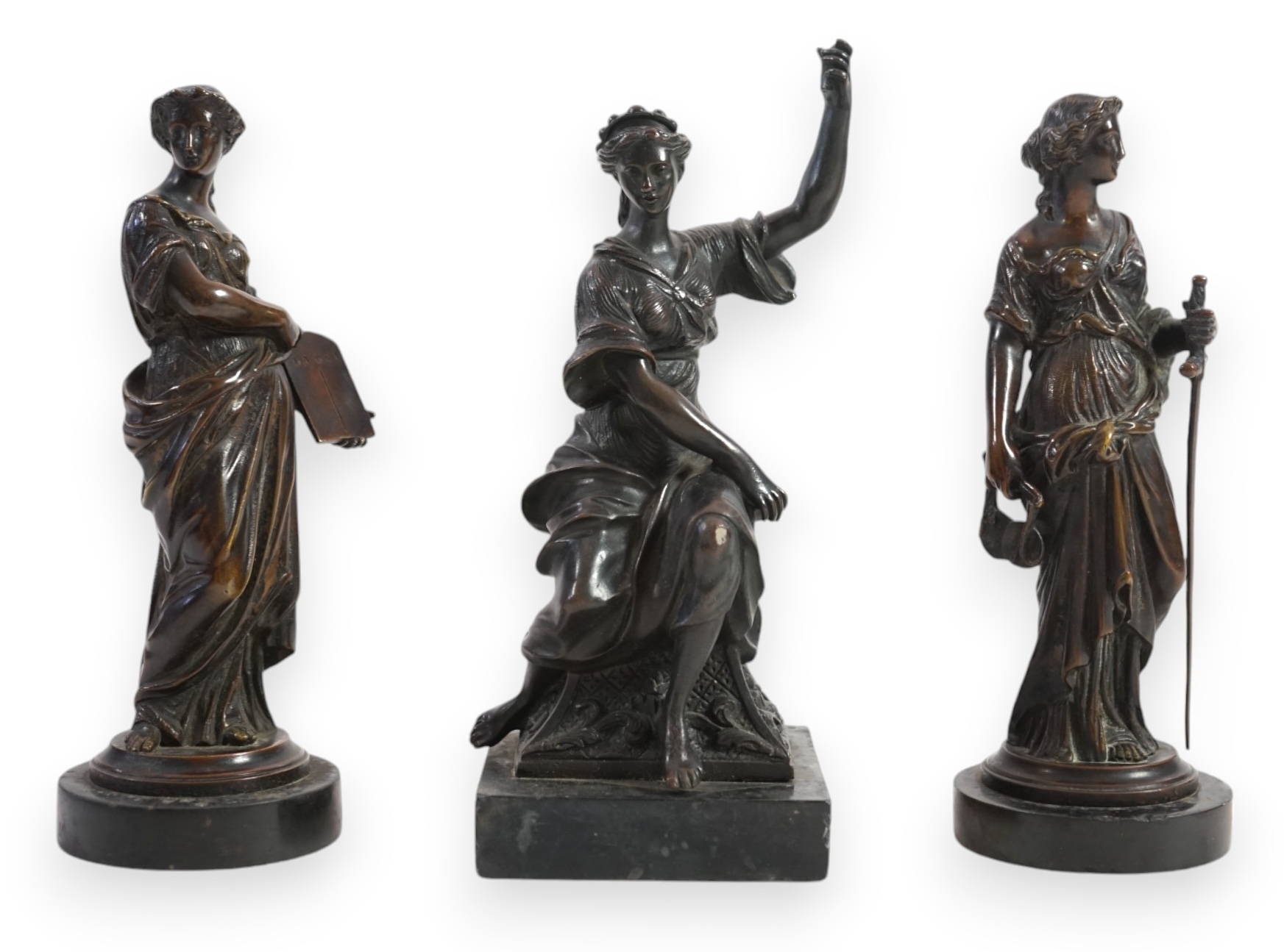 Manner of Henri Louis Levasseur (French, 1853-1934), a pair of bronze allegorical figures